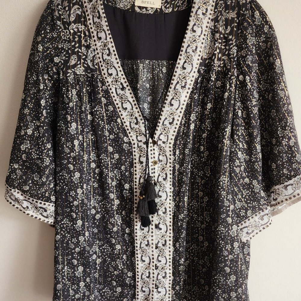 Spell Little Bird Flutter Sleeve Blouse S-Black/Ivory EUC